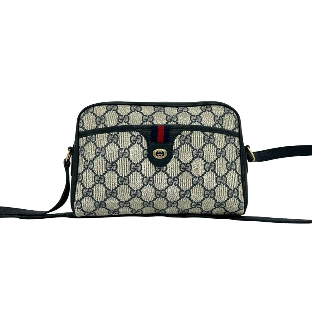 GUCCI Vintage Sherry Line GG Logo Leather Shoulder Bag/Pouch, Navy, 69502